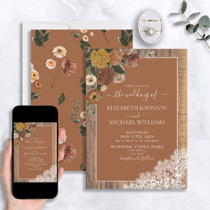Trendy Burnt Orange Rustic Wood Script Wedding Invitation