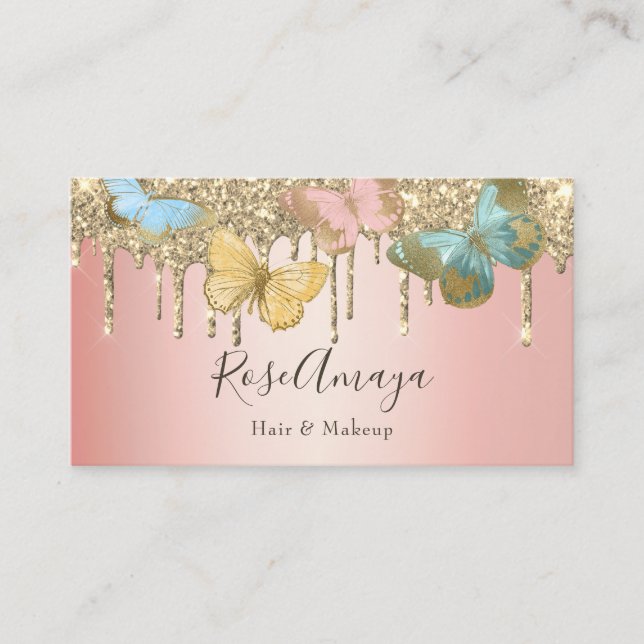 Trendy Butterfly Gold Glitter Pink Beauty Industry Business Card (Front)