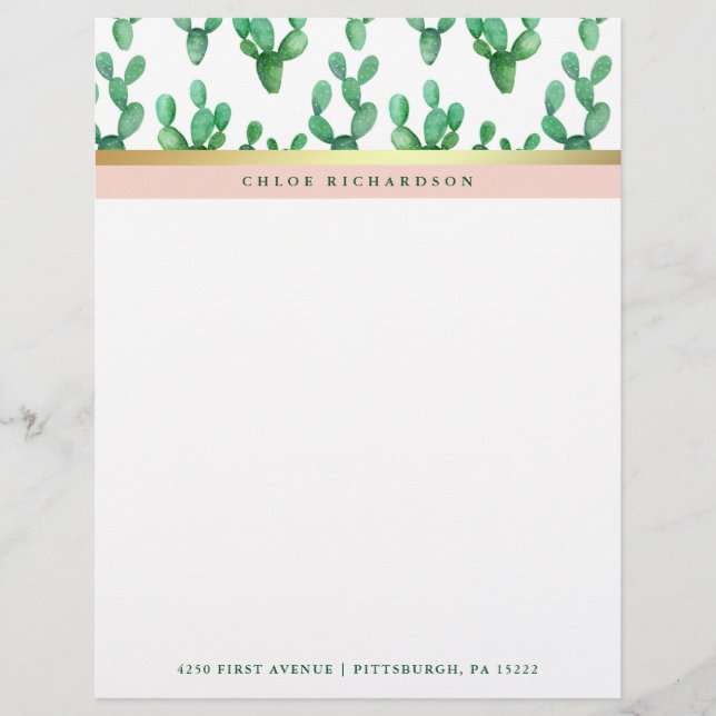 Trendy Cactus | Blush and Faux Gold Desert Pattern Custom Letterhead (Front)