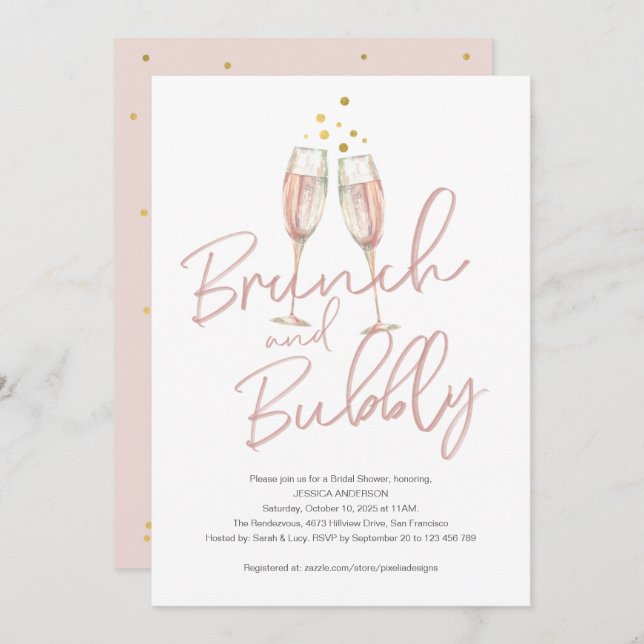 Trendy calligraphy brunch and bubbly bridal shower invitation (Front/Back)