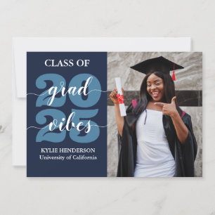 Trendy Calligraphy Dark Blue Photo Graduation Invitation