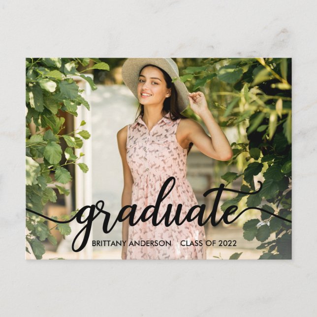 Trendy Calligraphy Graduation Photo Announcement Postcard (Front)