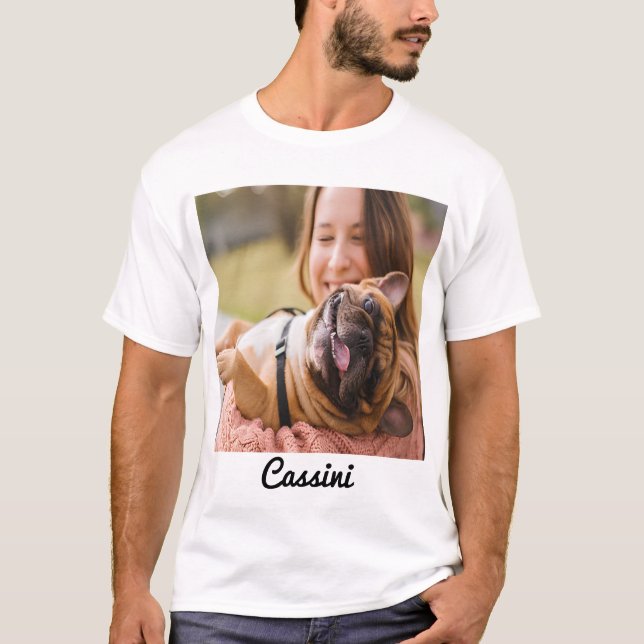 Trendy Calligraphy Script Name Photo Anniversary T-Shirt (Front)