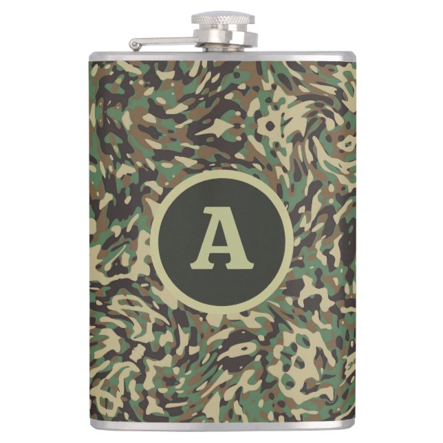 Trendy Camouflage Green Personalised Letter Hip Flask (Front)