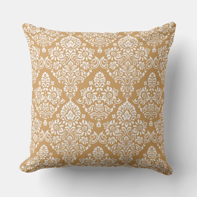 Trendy Carmel brown and White Damask Pattern Cushion (Front)