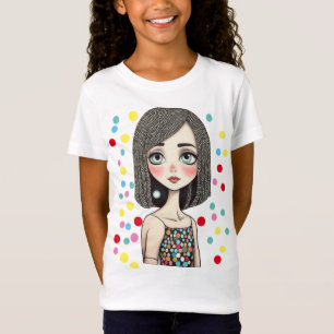 Trendy Cartoon Girl with Polka Dot Dress Art T-Shirt