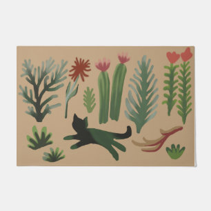 Trendy Cat Rug, Kitty With Plants Doormat