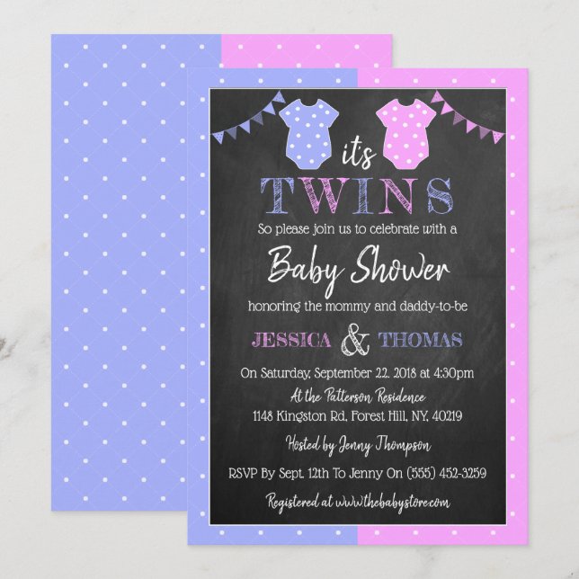 Trendy Chalkboard Boy & Girl Twins Baby Shower Invitation (Front/Back)