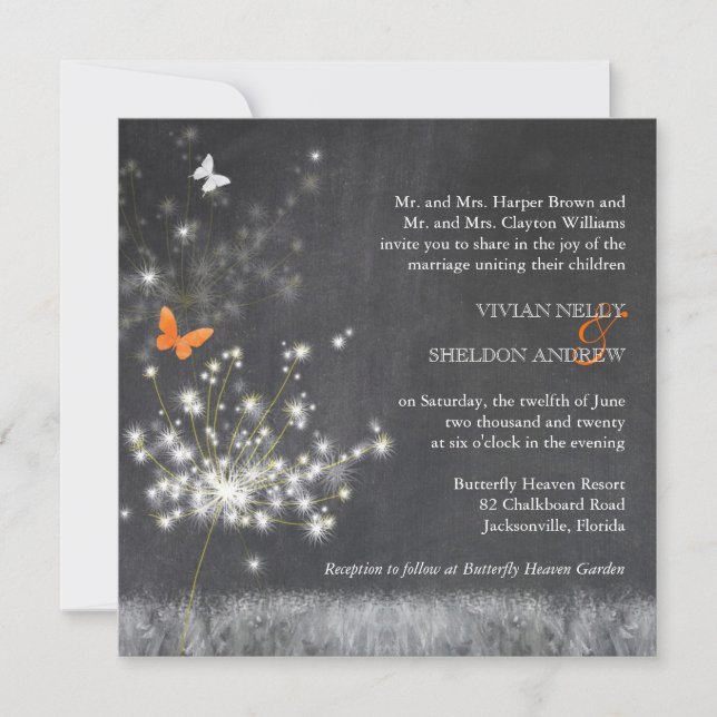 Trendy Chalkboard Dandelion Wedding Invitation (Front)