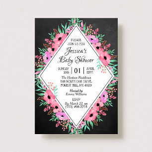 Trendy Chalkboard Watercolor Flowers Baby Shower Invitation