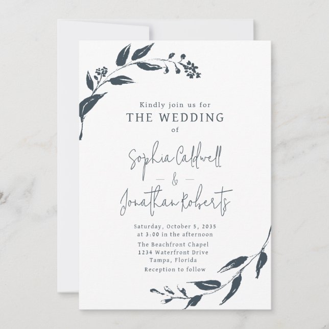Trendy Charcoal Botanicals QR Code Wedding Invitation (Front)