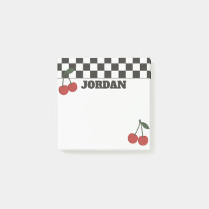 Trendy Chequerboard & Cherry Custom Name Post-it Notes