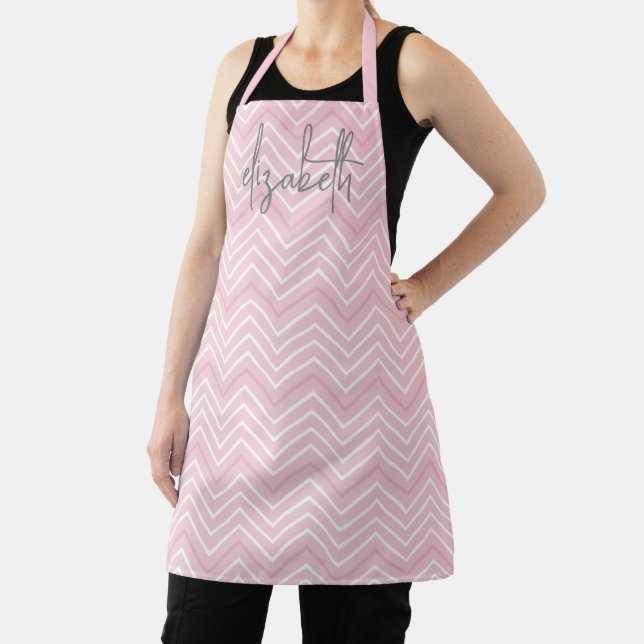 Trendy Chevron Pattern large script name yellow Apron (Insitu)