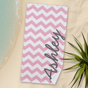 Trendy Chevron Pattern with name - pastel pink Beach Towel