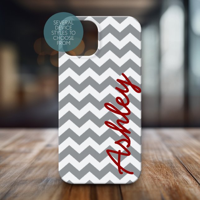 Trendy Chevron Pattern with name - red grey (Personalized Phone Case with Chevrons and Custom Name)