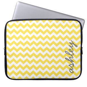 Trendy Chevron Pattern with name - yellow grey Laptop Sleeve