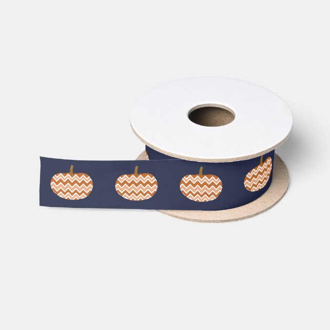 Trendy Chevron Pumpkins & Navy Satin Ribbon (Spool)