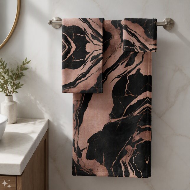 Trendy Chic Black Rose Gold Marble Bath Towel Set (Creator Uploaded)