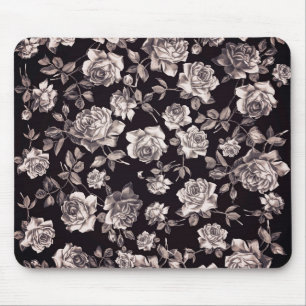 Trendy Chic Black & White Vintage Elegant Floral Mouse Pad