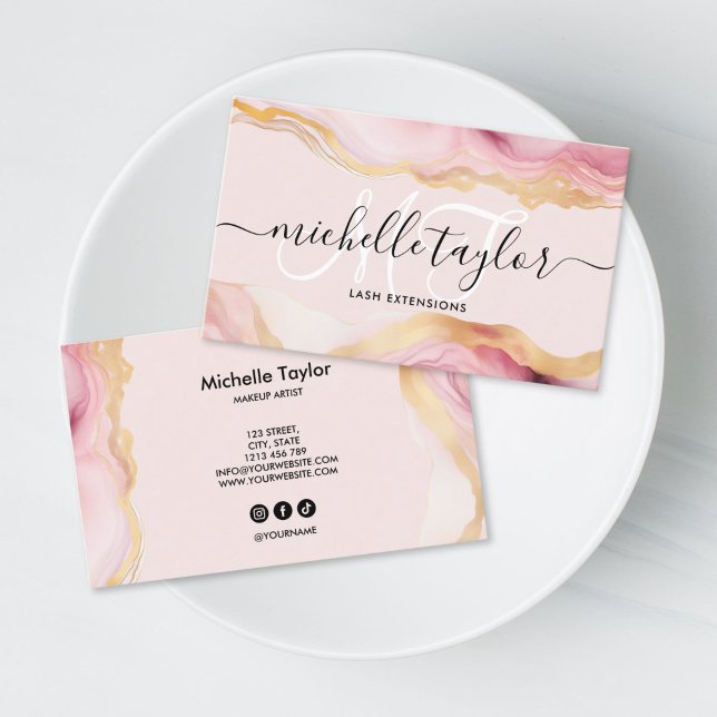 Trendy Chic Blush Pink Monogram Makeup Artist Hair Business Card (blush pink agate gold monogram business card for makeup, hair dresser and beauty salon)