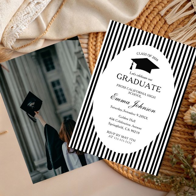 Trendy Chic Bow Minimalist Stripe  Graduation Invitation (Creator Uploaded)