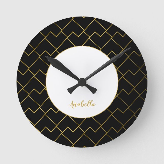 Trendy Chic Geometric Golden Black Monogram Round Clock (Front)