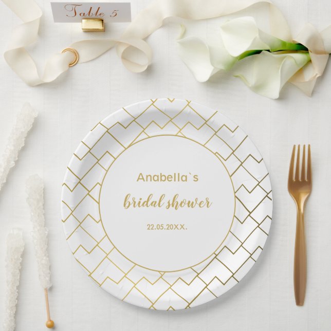 Trendy Chic Geometric Golden White Paper Plate (Wedding)