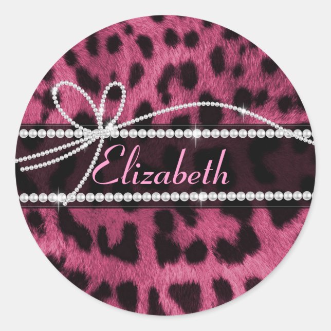 Trendy chic girly faux hot pink leopard animal classic round sticker (Front)