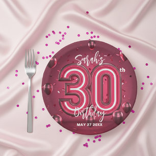 Trendy Chic Glam Metallic Neon Pink 30th Birthday Paper Plate