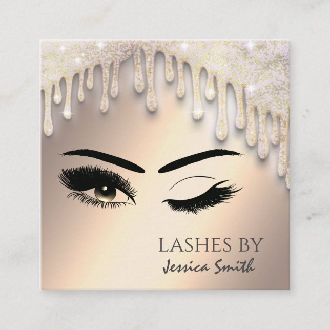 Trendy chic gold glittery drips makeup wink eyes square business card (Front)