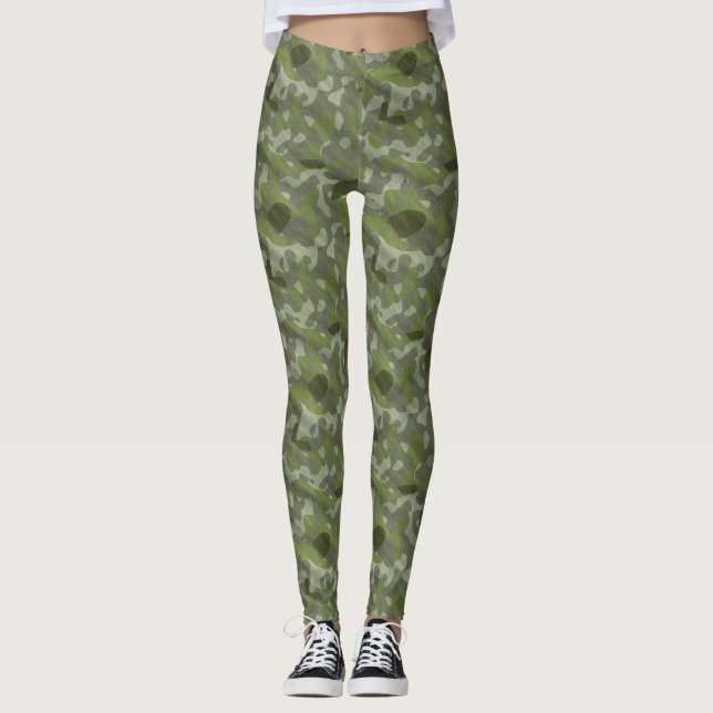 Trendy Chic Green Military Camo Abstract Pattern Leggings (Front)