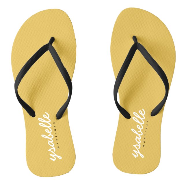 Trendy Chic Mustard Yellow Simple Bold Script Name Jandals (Footbed)