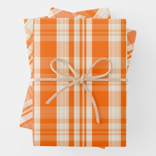 Trendy & Chic Orange & Cream Plaid Patterns Wrapping Paper Sheet