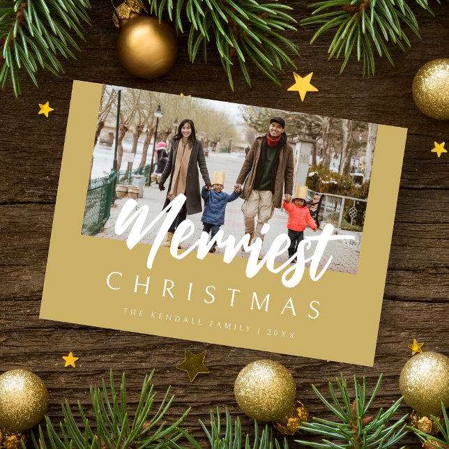 Trendy Chic Photo Merriest Christmas Quote Holiday Card (Christmas Trendy Modern Photo Merriest Christmas Quote in Faux Gold Holiday Card with Envelope.)