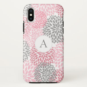 Trendy chic pink grey floral blooms with monogram Case-Mate iPhone case