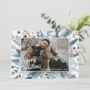 Trendy Chic Red Floral Berries Holiday Wreath Card