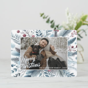 Trendy Chic Red Floral Berries Holiday Wreath Card