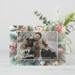 Trendy Chic Red Floral Berries Holiday Wreath Card