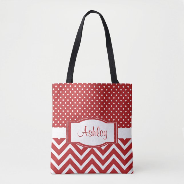 Trendy Chic Scarlet Red Polka Dot Chevron Monogram Tote Bag (Front)