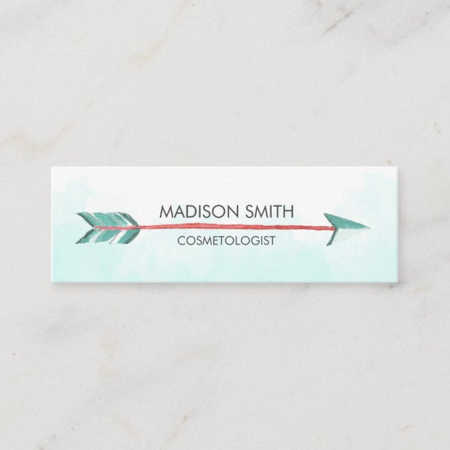 Trendy Chic Teal Watercolor Arrow Hipster Mini Business Card (Front)