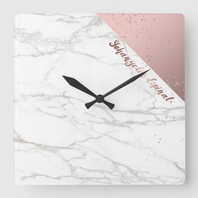 Trendy Chic White Marble Rose Gold Personalised Square Wall Clock (Front)