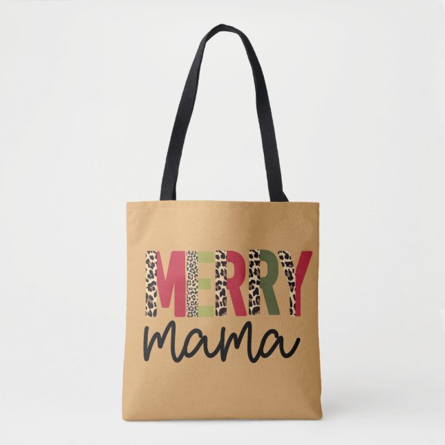 Trendy Christmas Colour Block Leopard Merry Mama  Tote Bag (Front)