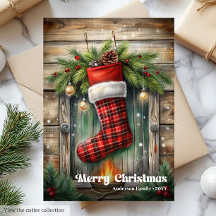 Trendy Christmas stocking vintage pine greeting Holiday Card