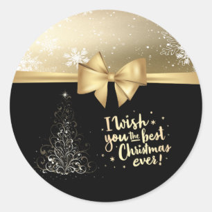 Trendy Christmas Tree ,Faux Gold Bow,Snowflakes Classic Round Sticker