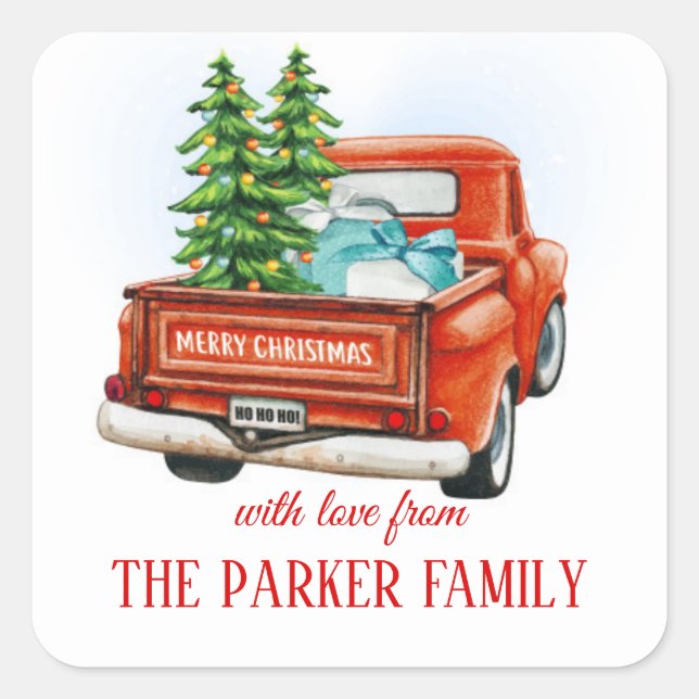Trendy Christmas truck with christmas tree Square Sticker (Front)