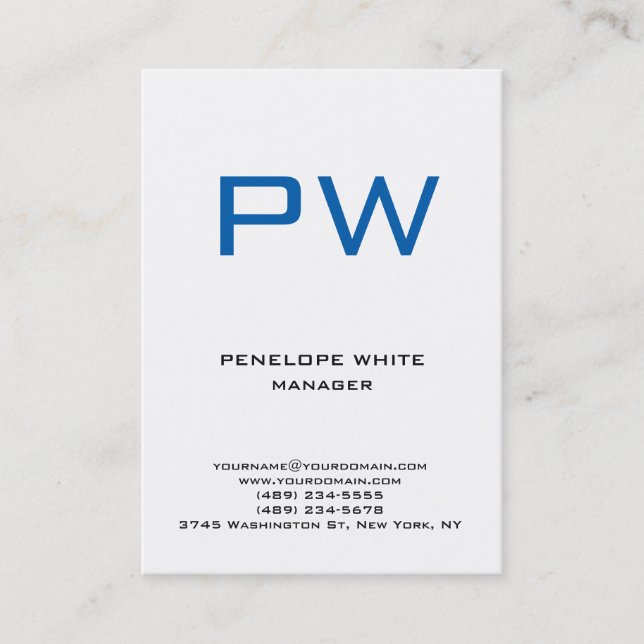 Trendy chubby modern plain white blue monogram business card (Front)