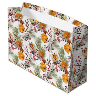 Trendy Citrus Orange Pine Berry Christmas Holiday Large Gift Bag