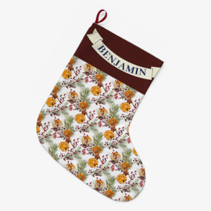 Trendy Citrus Orange Rustic PIne Greenery  Large Christmas Stocking