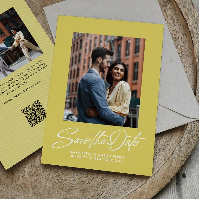 Trendy citrus yellow stylish script two photo save the date (Creator Uploaded)