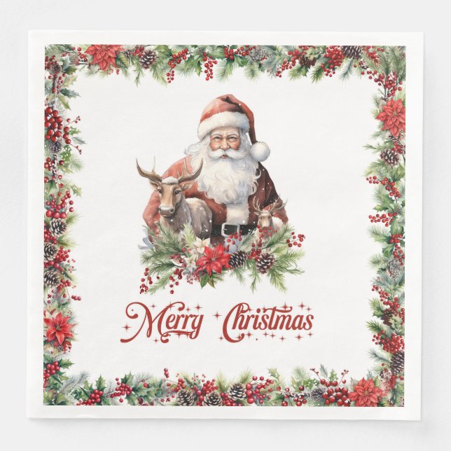Trendy classic green and red wreath Christmas Napkin (Front)